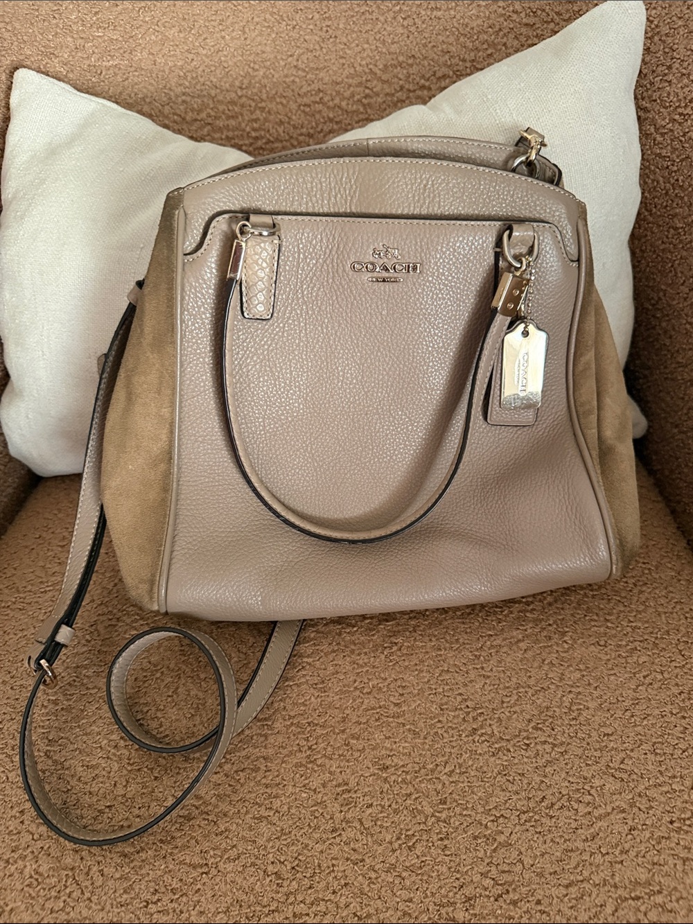COACH Taupe Leather & Suede Satchel Bag